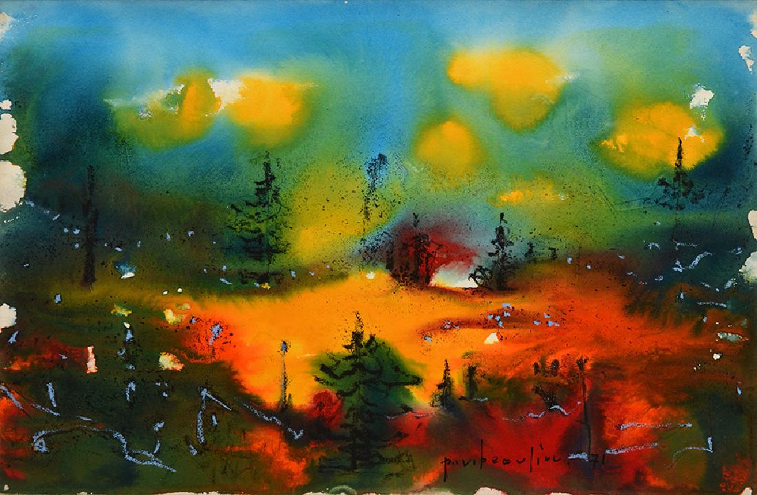 BEAULIEU, Paul Vanier (1910-1996): BEAULIEU, Paul Vanier (1910-1996) "Feu de forêt" Watercolour Signed and dated on the ower right P.V. Beaulieu 71 Titled on the reverse on a label 32x49cm - 12.5x19.25"
