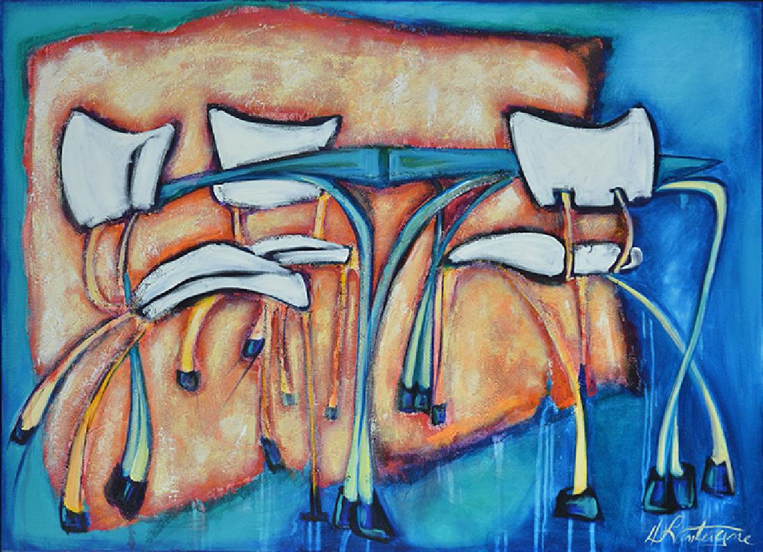 LANTEIGNE, Danielle (1959-): LANTEIGNE, Danielle (1959-) "Chaises chromées" Acrylic on canvas Signed on the lower right: D. Lanteigne Signed, dated and titled on the reverse: Septembre 1992 96.5x132cm -38x52"