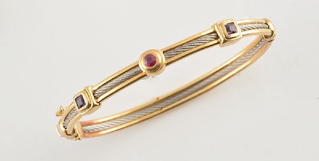 CHARRIOL – 18K GOLD: Rigid 18K yellow gold and stainless steel bracelet set with colour stones, signed « C ». Weight: 22.5g.