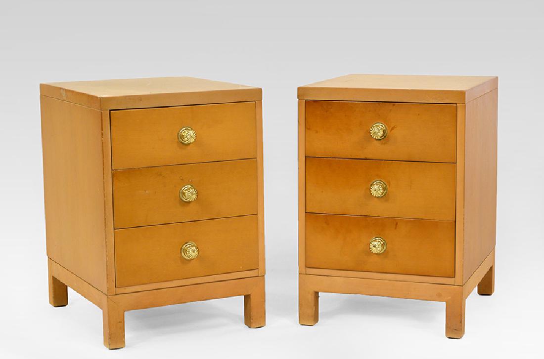 WIDDICOMB FURNITURE Co (Manufacturer) - CG KIMERLY: WIDDICOMB FURNITURE Co (Manufacturer) - CG KIMERLY (Designer) Pair of nightstands - circa 1950 Wood, gilt metal handles Widdicomb Edition - USA Manufacturer’s label inside the first drawer of each