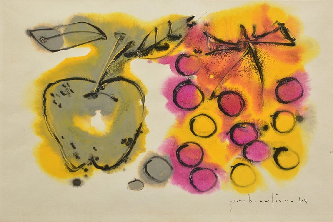 BEAULIEU, Paul-Vanier (1910-1996): BEAULIEU, Paul-Vanier (1910-1996) "Nature morte à la pomme et aux raisins" Watercolour Signed and dated on the lower right: P.V. Beaulieu 64 Titled on the reverse on a label 38x56cm - 15x22"