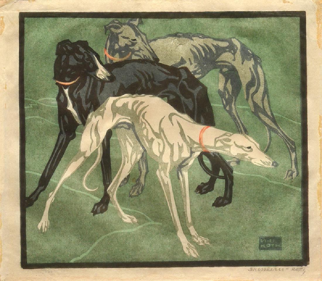 VON BRESSLERN-ROTH, Norbertine (1891-1978): VON BRESSLERN-ROTH, Norbertine (1891-1978) Greyhounds Linocut Signed in the plate the lower right: N.B. Roth Signed on the lower right: Bresslern-Roth Numbered on the lower left: 80/200 22.5x25cm - 8.