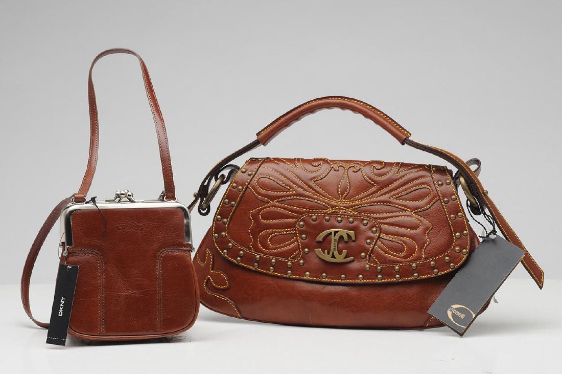 DKNY, ROBERTO CAVALI: Brown leather stitched purse snap fastener under flap. With its dustbag. Also included: a small brown leather DKNY purse.