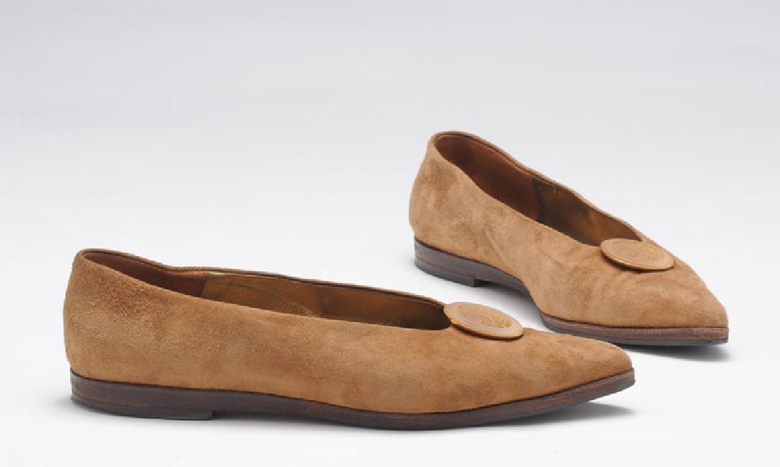 FENDI: Beige suede flat sole shoes adorned with a decorative round. Size.8.1/2.