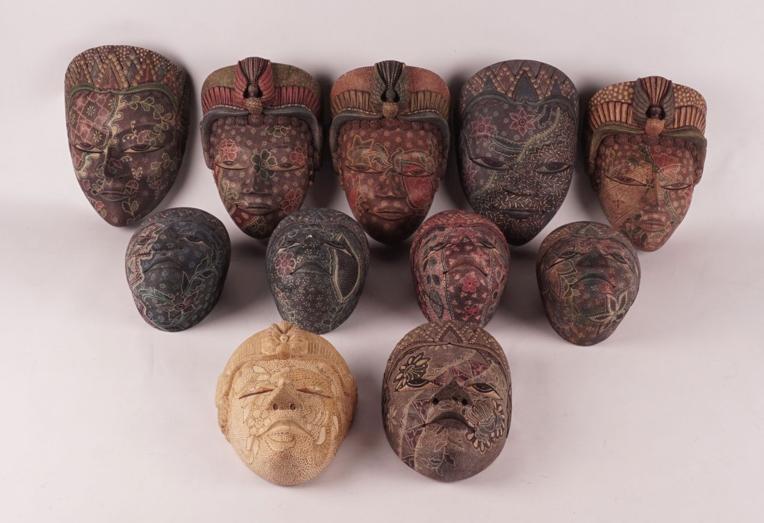 INDONESIA: Group of eleven Indonesian masks, some making box.