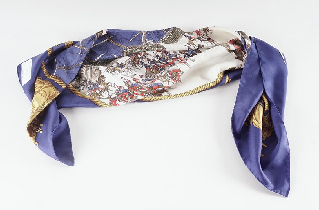 HERMÈS PARIS: 100% printed silk scarf titled "Marine et cavalerie 2 Pluviose An III 1795". It represents members of the french cavalry beside snowly boats signed Ledoux