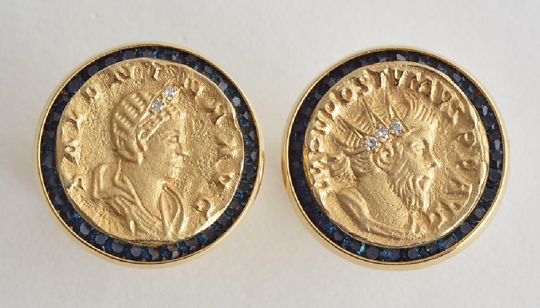 LUCIEN PICCARD - 14K GOLD AND SAPPHIRES: LUCIEN PICCARD Pair of 14K yellow gold cufflinks, set with small sapphires and diamonds. Signed. Weight: 13.8g