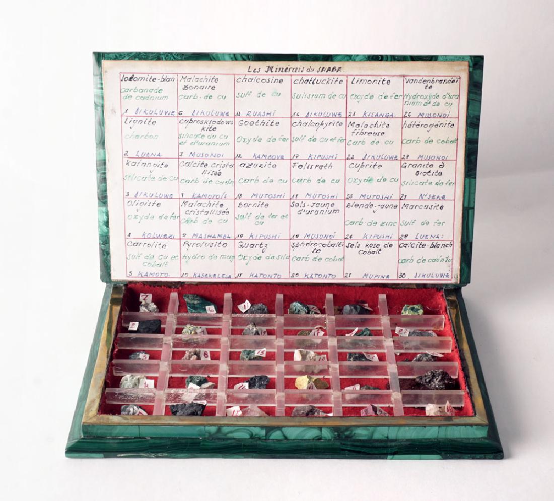 MALACHITE: Malachite and copper box containing an inventory and samples of "Shaba minerals". 27.5x19.5cm - 10.75x7.75"