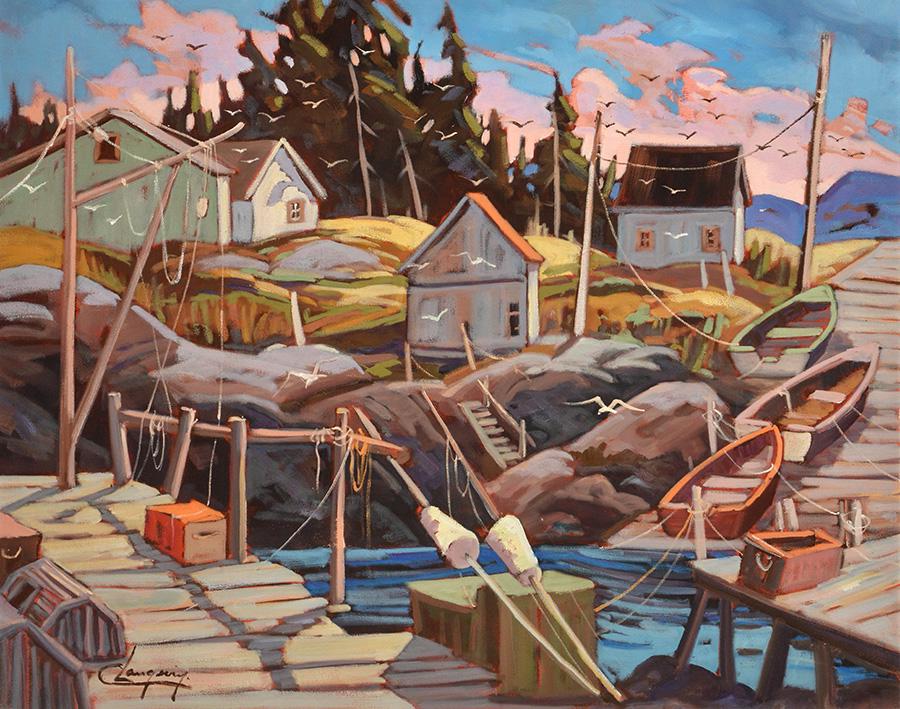 LANGEVIN, Claude (1942-): LANGEVIN, Claude (1942-) "Portuguese Cove, N. Ecosse" Huile sur toile Signée en bas à gauche : Langevin Titrée au dos Provenance: Collection privée, Boucherville 61x76cm - 24x30" L