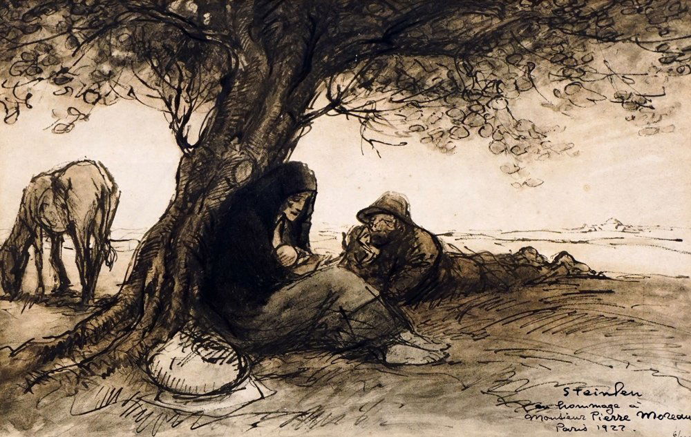 STEINLEN, Théophile Alexandre (1859-1923): STEINLEN, Théophile Alexandre (1859-1923) Resting by the tree Lithograph Signed, dated, numbered and dedicated on the lower right: Steinlen, En hommage à M. Pierre Moreau, Paris 1927, 6/321 30,5x46c