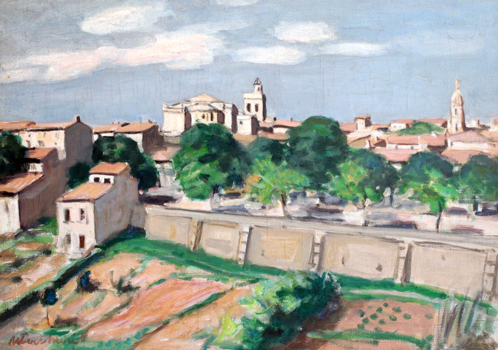 ANDRÉ, Albert (1869-1954): ANDRÉ, Albert (1869-1954) ''Uzes'' Huile sur toile Signée en bas à gauche: Albert André Titrée, contresignée et datée sur étiquette au dos: 1934 Provenance: Col