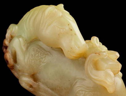 ANTIQUE YELLOW JADE CARVING OF A HORSE - WESTMOUNT: PROPERTIES OF A WESTMOUNT COLLECTOR OF CHINESE JADES & SNUFF BOTTLES (LOTS 2001-2031) EXCEPT LOTS 2003, 2008, 2011, 2023- 2026 & 2028 Extremely fine and rare antique yellow JADE carving of a heavenly