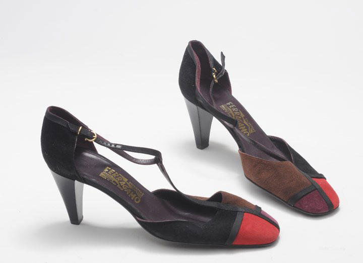 FERRAGAMO: FERRAGAMO Pair of black, red, brown and purple suede high-heeled sandals, ankle strap.