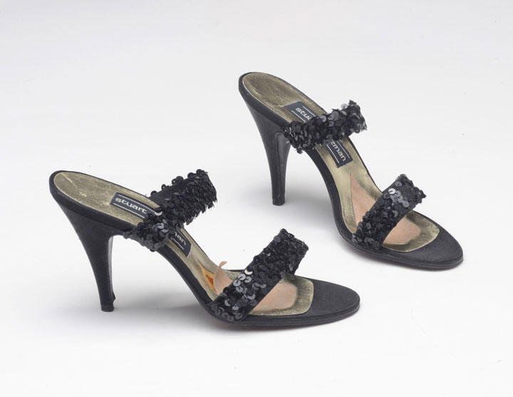 STUART WEITZMAN: STUART WEITZMAN Pair of black sequins high heeled sandals. T.6.