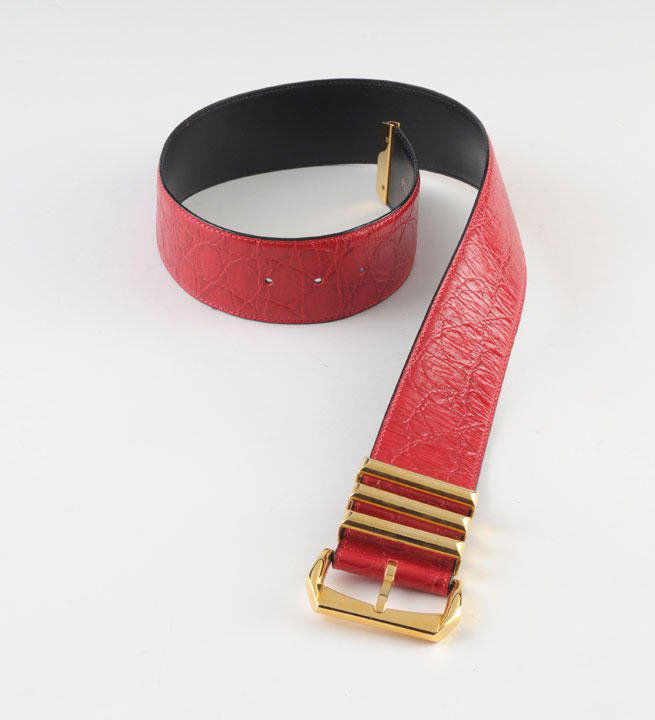 VERSACE: VERSACE Red leather belt, crocodile, gold metal buckle, 28".