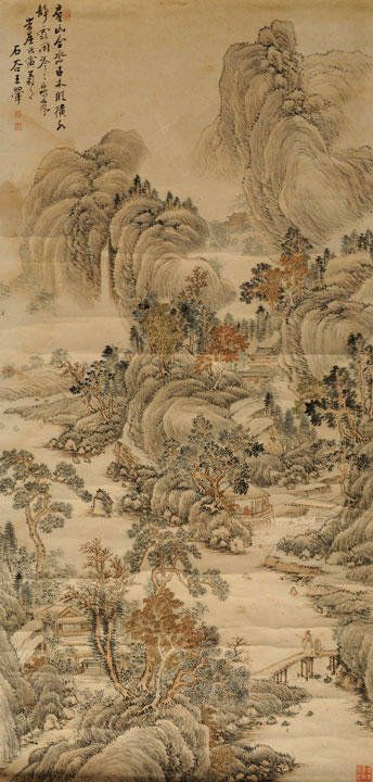 CHINESE SCHOOL Pavilions along the river Painting o: CHINESE SCHOOL Pavilions along the river Painting on paper Inscribed with a calligraphy and signed: Wang Hui Provenance : From an old Montreal collection, assembled over 30 years, pieces bought from r