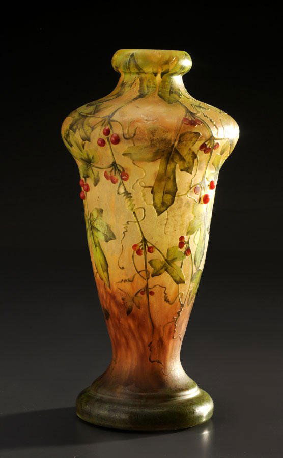 DAUM NANCY Baluster vase, glass with yellow and gre: DAUM NANCY Baluster vase, glass with yellow and green enamels, of baluster form. Gooseberry design. Signed Daum Nancy. H: 30cm - 11.75''