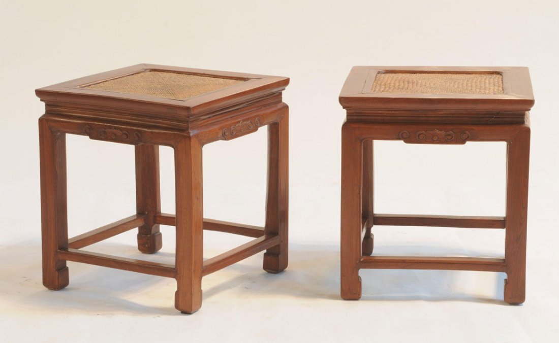 “CORNER-LEG” STOOLS: PAIR OF SQUARE “CORNER-LEG” STOOLS, SIMIANPING CHINA, 19TH-20TH CENTURY rattan chair surface. H: 46.5cm – 18.25” L, w: 42cm -16.5”