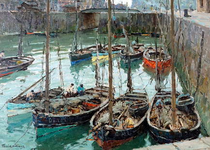 WILLIAMS, Terrick John (1860-1936): Description française: WILLIAMS, Terrick John (1860-1936) "Trawlers at Dieppe" Huile sur toile Signée en bas à gauche: Terrick Williams Titrée et contresignée au dos Provenanc