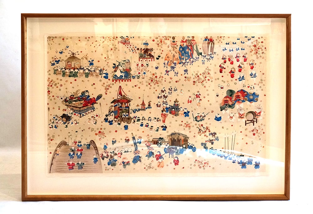PEINTURE À L'ENCRE JAPONAISE / JAPANESE INK PAINTING: Description française: JAPON Peinture à l’encre et polychromie, illustrant des poupées célébrant diverses fêtes et divertissement japonais, dont la fête de shi