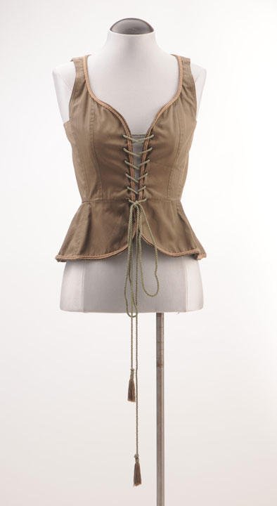 YVES SAINT LAURENT - RIVE GAUCHE: Khaki cotton corsage adorned with a beige border and a green string. Size 38.