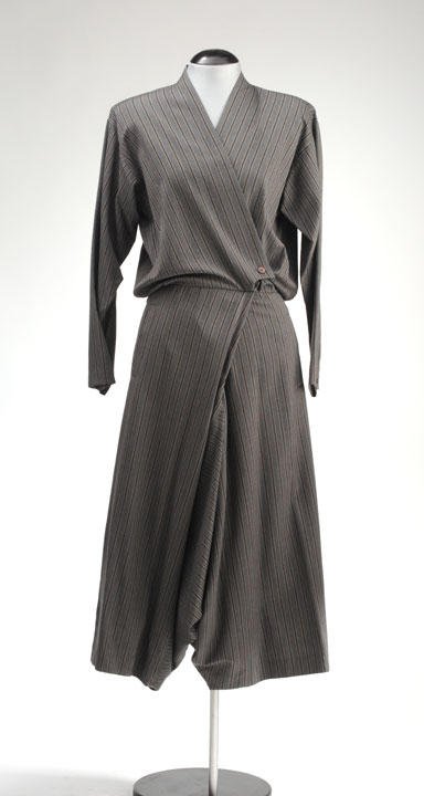 ISSEY MIYAKE: Brown striped grey wollen wrap top jumpsuit. Size M.