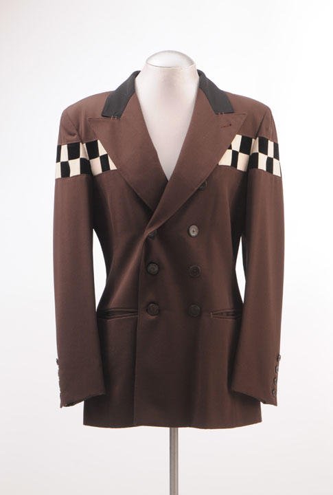 JEAN PAUL GAULTIER: 100% brown, black and checkerboard pattern jacket, double breasted, 2 welt pockets. Size 40.