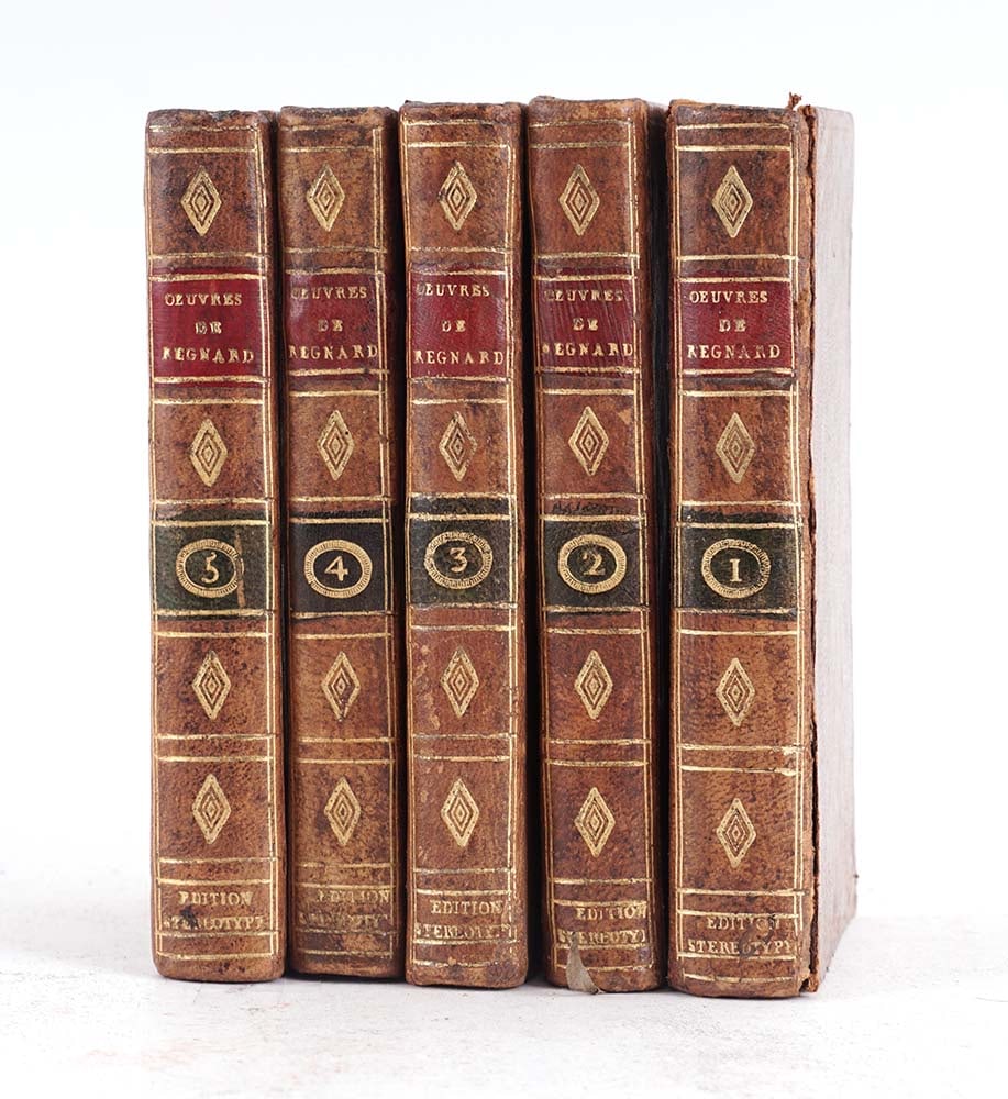 OEUVRES DE REGNARD / WORKS BY REGNARD: Description française: OEUVRES DE REGNARD Œuvres de Regnard, 5 volumes, Paris, Édition stéréotype d'après le procédé de P. Didot, anx, 1801. Dans le 1° vol