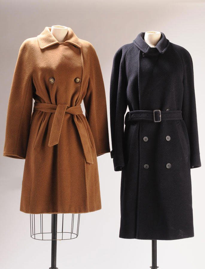 MAX MARA Dark champagne wool and cashmere coat, l: MAX MARA Dark champagne wool and cashmere coat, large collar, double-breasted, belt, two side pockets. Size 38/6. Also including a navy blue wool Aquascutum coat, large collar, double-breasted, belt,