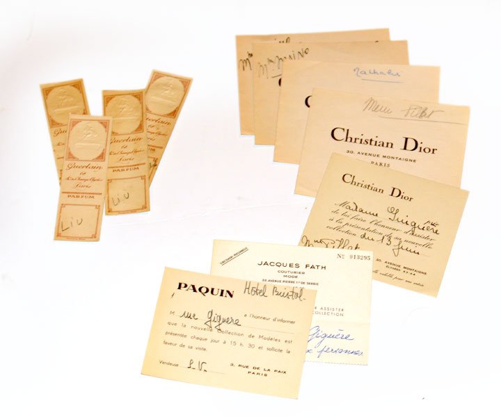 CHRISTIAN DIOR, GUERLAIN: CHRISTIAN DIOR, GUERLAIN Lot comprising fashion show invitations and note pads, and perfume sample papers.