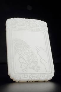 LI ZIGANG WHITE JADE PLAQUE - Prominent | London 1970s: COLLECTION OF A PROMINENT MONTREAL FAMILY (LOTS 1003, 1007, 1014, 1018, 1033 and 1043) IMPORTANT ANTIQUE CARVED WHITE JADE ROOSTER PLAQUE, SIGNED ZIGANG CHINA Of rectangular form and with a