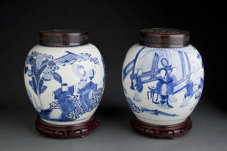 KANGXI LANDSCAPE JARS - Mr. K. / Marchant & Son 2006: COLLECTION OF KANGXI BLUE AND WHITE OF MR. K. (1090-1119) A FINE PAIR OF BLUE AND WHITE PORCELAIN MOON GODDESS GINGER JARS CHINA, KANGXI PERIOD (1662-1722) Painted in underglaze cobalt blue on the bod