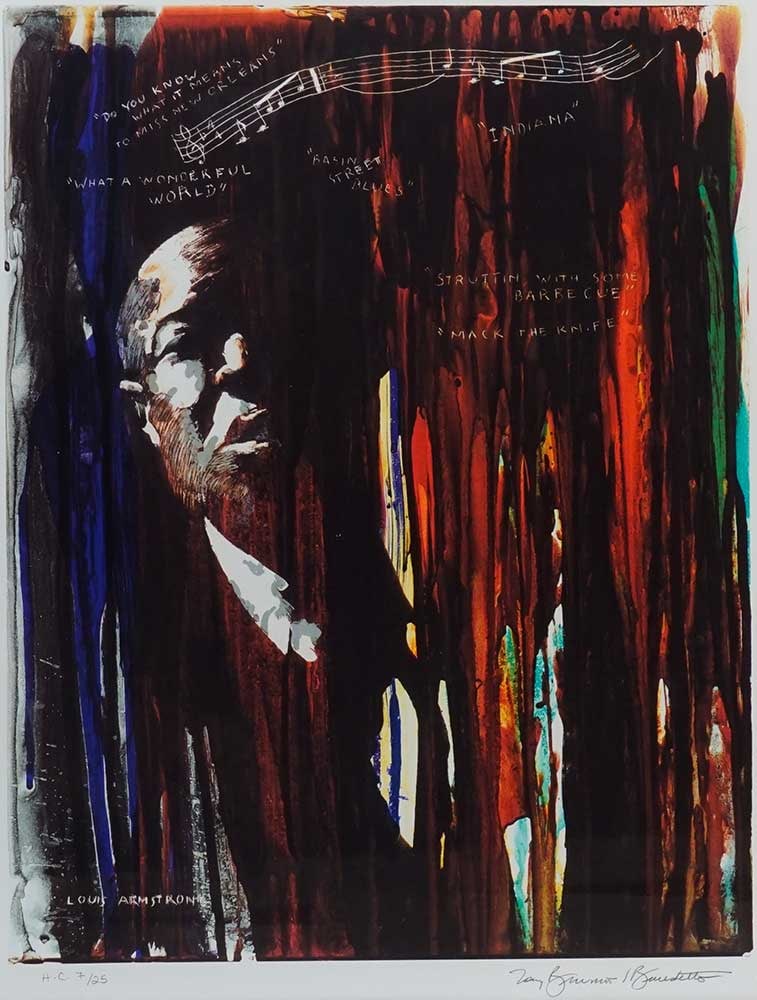 BENNETT, Tony (1926-2023): Description française: BENNETT, Tony (1926-2023) "Louis Armstrong" Lithographie Signée en bas à droite : Tony Bennett Titrée en bas à gauche dans la planche Numéroté