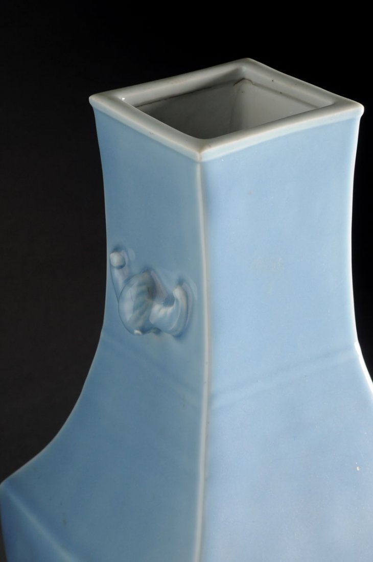 A FINE CLAIR-DE-LUNE GLAZED PORCELAIN SQUARE BALUSTER V: A FINE CLAIR-DE-LUNE GLAZED PORCELAIN SQUARE BALUSTER VASE CHINA, QING DYNASTY With applied handles molded as bats. Six-character cobalt blue mark in zhuanshu on the bottom: Da Qiang Qianlong Nian Zhi