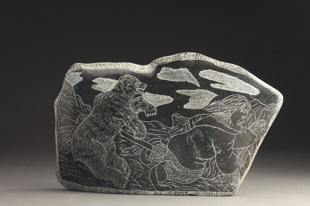 NINGEOK, Adamie (1948-) The Great Bear Soapstone engrav: NINGEOK, Adamie (1948-) The Great Bear Soapstone engraved on two faces "Igloo Tag" Certificate with the sculptor's name, his community and the year of completion of the work: Inoucdjouac 78 Provenance