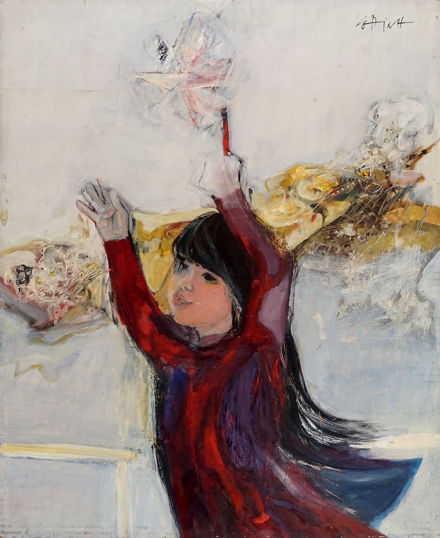 VO DINH, Mai (1923-): Description française VO DINH, Mai (1923-) "Le tourniquet" Huile sur isorel Signée en haut à droite: Vo Dinh Titrée, contresignée et numérotée au dos: N.Y. 1570 Prov