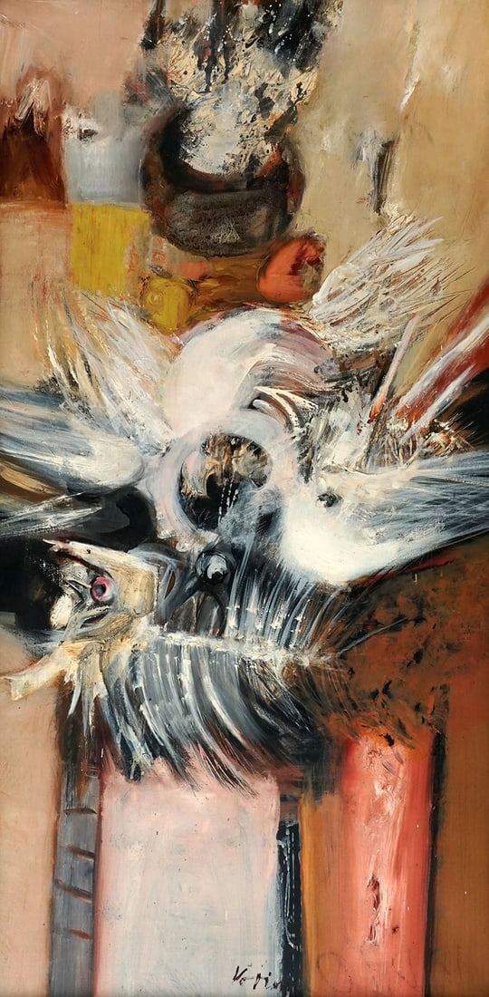 VO DINH, Mai (1923-): Description française VO DINH, Mai (1923-) "Poisson et oiseau" Huile sur toile Signée en bas au centre: Vo Dinh Titrée, contresignée et numérotée au dos: N.Y. 1044 Proven