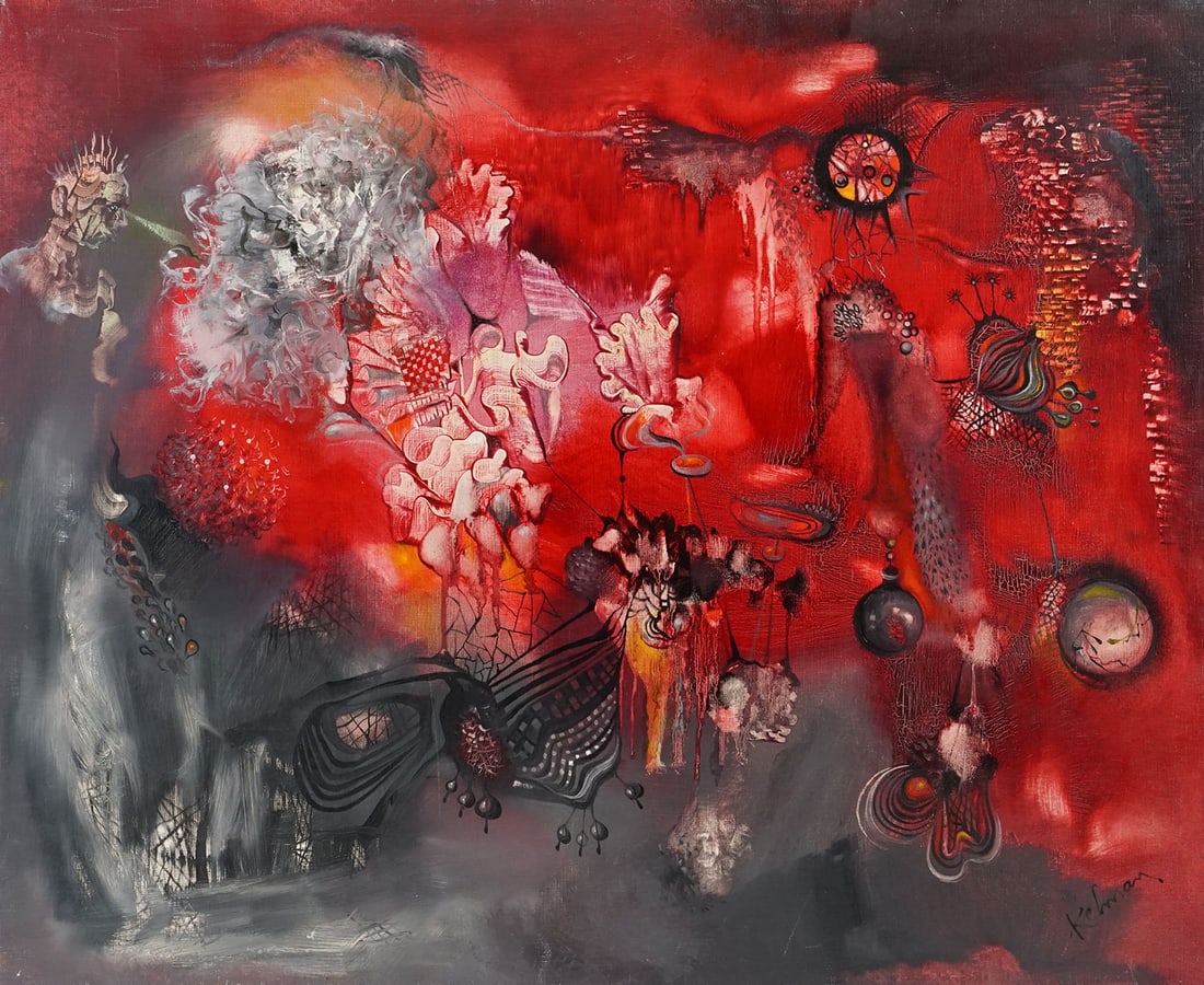 KELMAN ( Lucien NEUQUELMAN) (1909-1988): Description française KELMAN ( Lucien NEUQUELMAN) (1909-1988) "Motivation magnétique" Huile sur toile Signée en bas à droite: Kelman Titrée et contresignée sur le châ