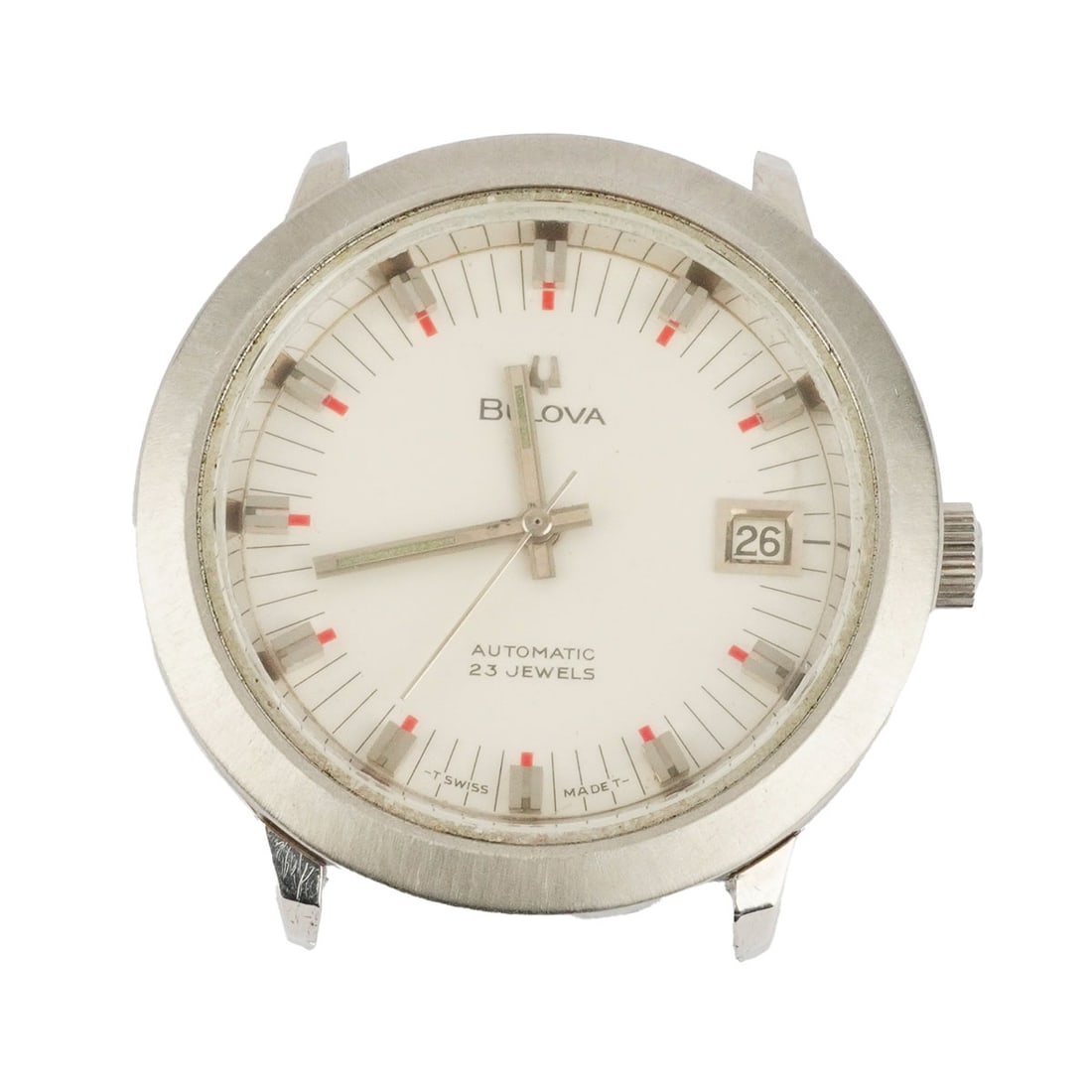 BULOVA: Description française: BULOVA Boîtier Bulova Automatique rond de 38 mm environ en acier, cadran blanc, index appliqués pour les heures, date à 3h. On joint un bracelet. N réf: