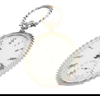BAUME LONGINES: Description fran&#231;aise: BAUME LONGINES Rare montre &#224; gousset Baume Longines en argent, bo&#238;tier de 48 mm environ, cadran blanc, chiffres romains appliqu&#233;s pour les heures, seconde &#
