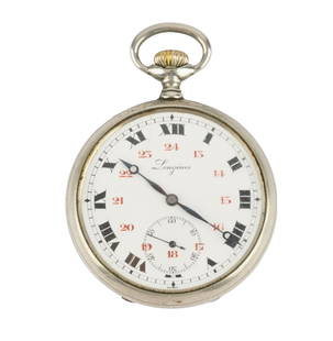 LONGINES: Description fran&#231;aise: LONGINES Montre &#224; gousset Longines en argent plaqu&#233;, bo&#238;tier de 49 mm environ, cadran blanc, chiffres arabe et index arabes rouge 24h, aiguilles en acier ble