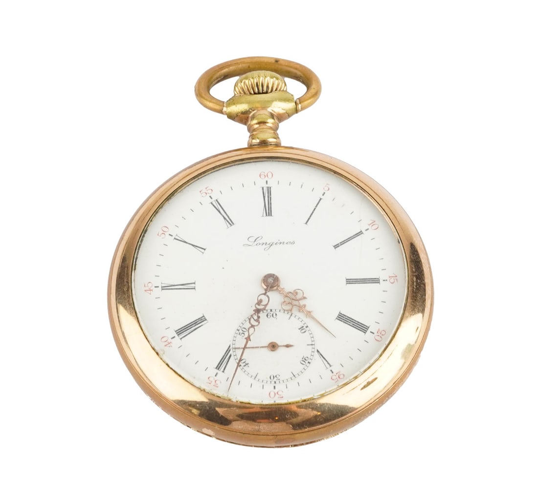 LONGINES: Description française: LONGINES Montre à gousset Longines en plaqué or, boîtier de 50 mm environ, cadran blanc, chiffres romains, aiguilles doré, seconde à 6h. Mouvement