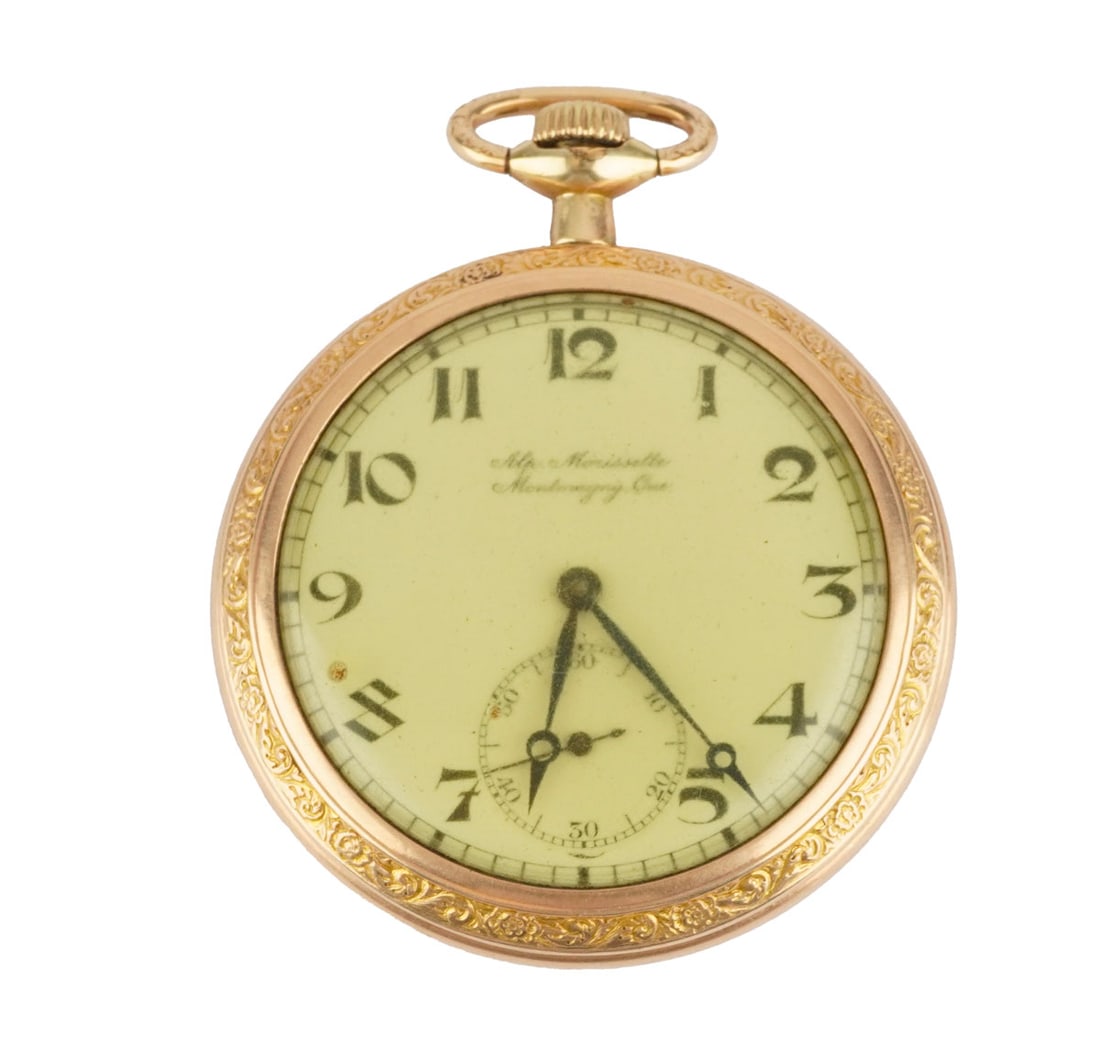 LONGINES: Description française: LONGINES Montre à gousset Longines en plaqué or, boîtier de 45 mm environ, cadran champagne, chiffres arabes, seconde à 6h. Mouvement à 15 rubis, s