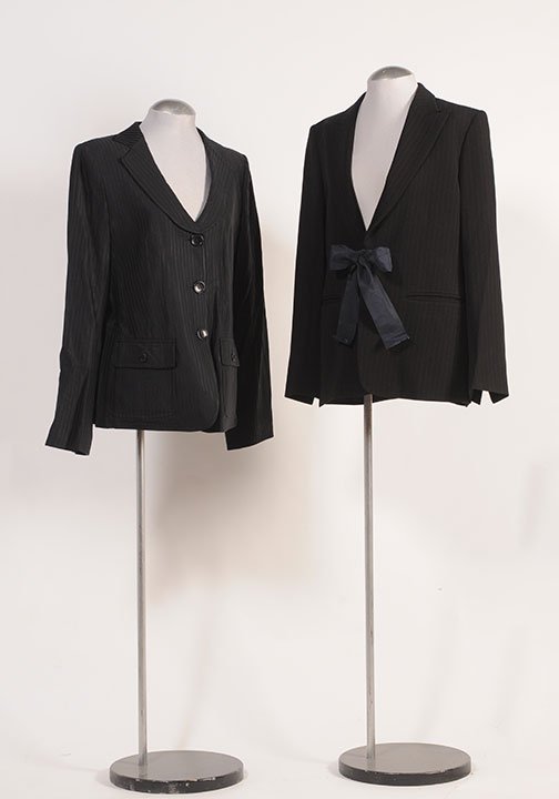 ARMANI COLLEZIONI, MAX MARA: Armani black jacket, tailor collar, single-breasted, two buttoned stitched patch pockets. Size 50. Also including a Max Mara black and golden striped wool jacket tailor collar, adorned with a buckle,