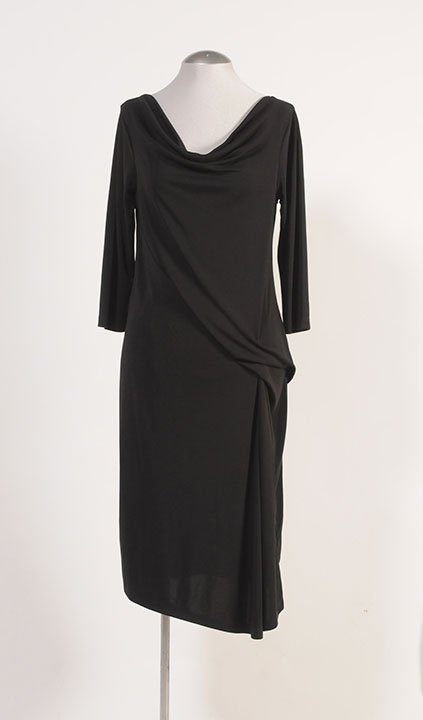 DKNY: Black dress, asymmetrical cut. Medium to large size.