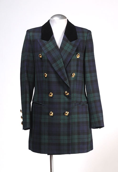 GIVENCHY: 100% blue and green wool jacket, large tailored collar, double-breasted, two welt pockets. Size 12.