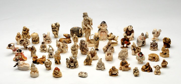 Set of 51 netsukes and okimonos. Japan. H (the largest: Set of 51 netsukes and okimonos. Japan. H (the largest): 13.5cm – 5.25’’
