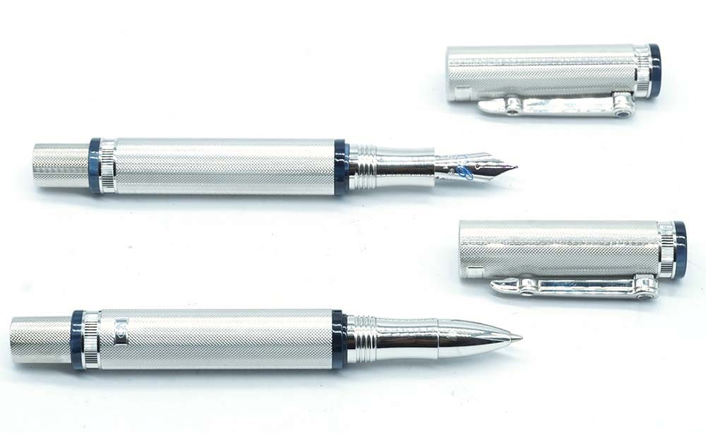 BREGUET "DIAMOND POINT": Description française: BREGUET "DIAMOND POINT" Ensemble d'un stylo à bille et d'un stylo à plume Breguet "Diamond Point", parties en argent sterling. Le plume est numérotés 27