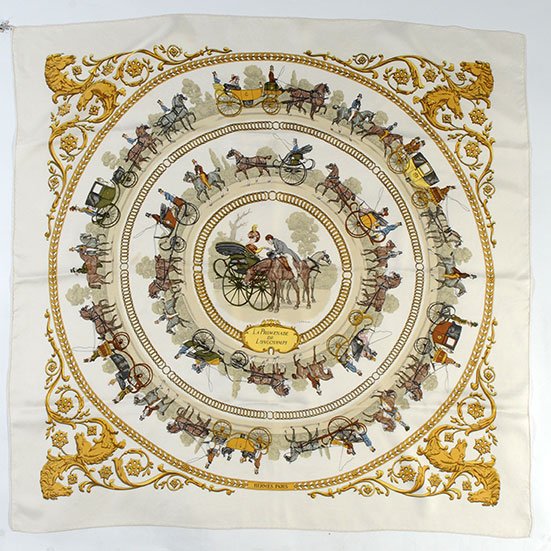 HERMÈS: 100% printed silk scarf, titled ''Promenade de Longchamps'' and signed Ledoux.