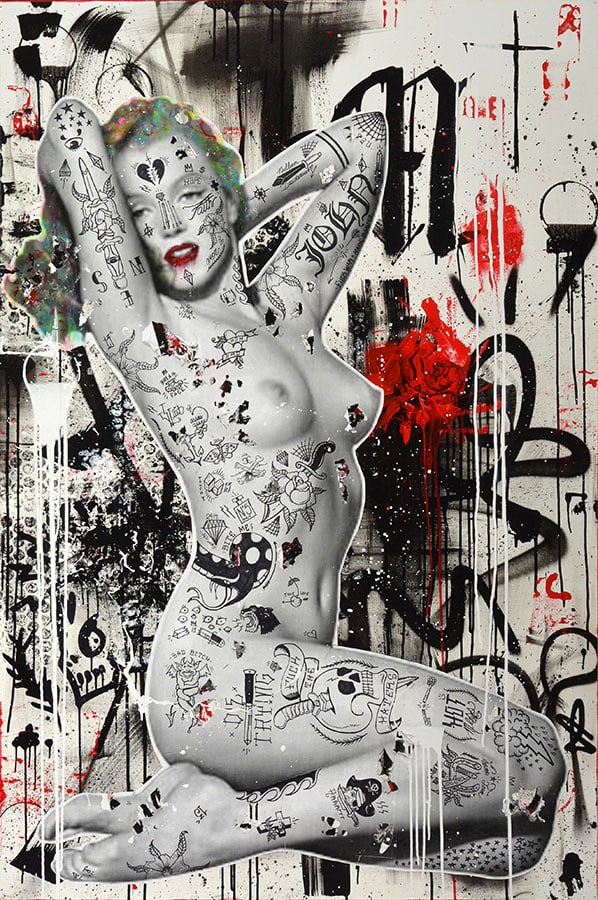 STIKKI PEACHES (actif XXIe / active 21st c.): Description française: STIKKI PEACHES (actif XXIe) "Norma Jean Tits" Technique mixte sur toile Signée, datée et titrée au dos: Stikki Peaches sept 2014 Provenance: Collection priv&